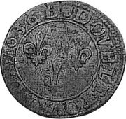 France Double Tournois 1636 Minor legend varieties exist KM# 32 Dombes / Duchy / Standard Coinage DOVBLE TOVRNOIS 1636 coin reverse France Double Tournois 1636 Minor legend varieties exist KM# 32 Dombes / Duchy / Standard Coinage DOVBLE TOVRNOIS 1636 coin reverse