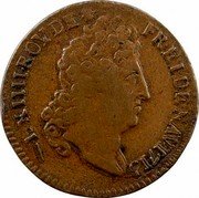 France Liard Louis XIV 1715 W KM# 407 L XIIII ROY DE FR ET DE NAV 1715 coin obverse France Liard Louis XIV 1715 W KM# 407 L XIIII ROY DE FR ET DE NAV 1715 coin obverse