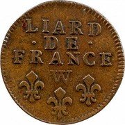 France Liard Louis XIV 1715 W KM# 407 LIARD DE FRANCE W coin reverse France Liard Louis XIV 1715 W KM# 407 LIARD DE FRANCE W coin reverse