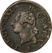 France Liard Louis XVI 1786 T KM# 585.13 LUDOV XVI D GRATIA coin obverse France Liard Louis XVI 1786 T KM# 585.13 LUDOV XVI D GRATIA coin obverse
