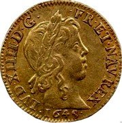 France Louis D'or Louis XIV 1646 B KM# 157.3 LVD XIIII D G FR ET NAV REX 1645 coin obverse France Louis D'or Louis XIV 1646 B KM# 157.3 LVD XIIII D G FR ET NAV REX 1645 coin obverse