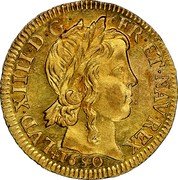 France Louis D'or Louis XIV 1650 F KM# 157.7 LVD XIIII D G FR ET NAV REX 1650 coin obverse France Louis D'or Louis XIV 1650 F KM# 157.7 LVD XIIII D G FR ET NAV REX 1650 coin obverse
