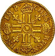France Louis D'or Louis XIV 1651 D KM# 149.2 CHRS REGN VINC IMP D LL coin reverse France Louis D'or Louis XIV 1651 D KM# 149.2 CHRS REGN VINC IMP D LL coin reverse