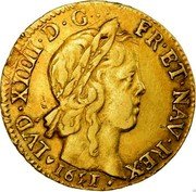 France Louis D'or Louis XIV 1651 H KM# 157.9 LVD XIIII D G FR ET NAV REX 1651 coin obverse France Louis D'or Louis XIV 1651 H KM# 157.9 LVD XIIII D G FR ET NAV REX 1651 coin obverse