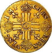 France Louis D'or Louis XIV 1651 H KM# 157.9 CHRS REGN VINC IMP H LL coin reverse France Louis D'or Louis XIV 1651 H KM# 157.9 CHRS REGN VINC IMP H LL coin reverse