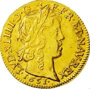France Louis D'or Louis XIV 1651 I KM# 157.10 LVD XIIII D G FR ET NAV REX 1651 coin obverse France Louis D'or Louis XIV 1651 I KM# 157.10 LVD XIIII D G FR ET NAV REX 1651 coin obverse