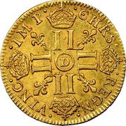 France Louis D'or Louis XIV 1652 D KM# 157.5 CHRS REGN VINC IMP D LL coin reverse France Louis D'or Louis XIV 1652 D KM# 157.5 CHRS REGN VINC IMP D LL coin reverse