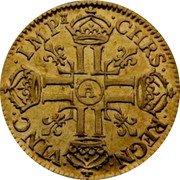 France Louis D'or Louis XIV 1665 A KM# 200.1 CHRS REGN VINC IMP A LL LL LL LL coin reverse France Louis D'or Louis XIV 1665 A KM# 200.1 CHRS REGN VINC IMP A LL LL LL LL coin reverse