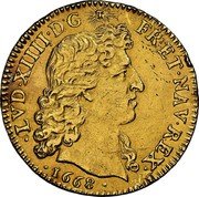 France Louis D'or Louis XIV 1668 A KM# 219.1 LVD XIIII D G FR ET NAV REX 1668 coin obverse France Louis D'or Louis XIV 1668 A KM# 219.1 LVD XIIII D G FR ET NAV REX 1668 coin obverse