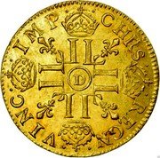 France Louis D'or Louis XIV 1672 D KM# 219.3 CHRS REGN VINC IMP D LL LL LL LL coin reverse France Louis D'or Louis XIV 1672 D KM# 219.3 CHRS REGN VINC IMP D LL LL LL LL coin reverse