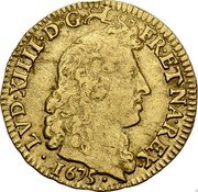 France Louis D'or Louis XIV 1675 L KM# 219.7 LVD XIIII D G FR ET NAV REX 1675 coin obverse France Louis D'or Louis XIV 1675 L KM# 219.7 LVD XIIII D G FR ET NAV REX 1675 coin obverse