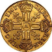 France Louis D'or Louis XIV 1680 A KM# 236.1 CHRS REGN VINC IMP A LL LL LL LL coin reverse France Louis D'or Louis XIV 1680 A KM# 236.1 CHRS REGN VINC IMP A LL LL LL LL coin reverse