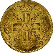 France Louis D'or Louis XIV 1684 A KM# 256.1 CHRS REGN VINC IMP A LL LL LL LL coin reverse France Louis D'or Louis XIV 1684 A KM# 256.1 CHRS REGN VINC IMP A LL LL LL LL coin reverse