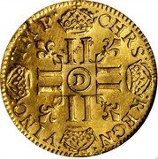 France Louis D'or Louis XIV 1685 D KM# 256.2 CHRS REGN VINC IMP D LL LL LL LL coin reverse France Louis D'or Louis XIV 1685 D KM# 256.2 CHRS REGN VINC IMP D LL LL LL LL coin reverse