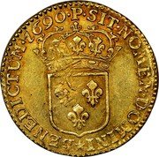 France Louis D'or Louis XIV 1690 P KM# 278.13 SIT NOMEN DOMINI BENEDICTUM 1690 P coin reverse