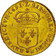 France Louis D'or Louis XIV 1691 Crowned L KM# 278.20 SIT NOMEN DOMINI BENEDICTVM 1691 L coin reverse