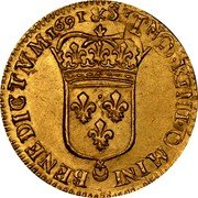 France Louis D'or Louis XIV 1691 & KM# 278.18 SIT NOMEN DOMINI BENEDICTVM 1691 & coin reverse
