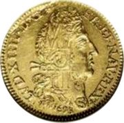 France Louis D'or Louis XIV 1693 S KM# 302.17 LVD XIIII D G FR ET NAV REX 1693 coin obverse France Louis D'or Louis XIV 1693 S KM# 302.17 LVD XIIII D G FR ET NAV REX 1693 coin obverse