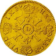 France Louis D'or Louis XIV 1694 D KM# 302.6 CHRS REGN VINC IMP D L L L L coin reverse France Louis D'or Louis XIV 1694 D KM# 302.6 CHRS REGN VINC IMP D L L L L coin reverse