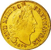 France Louis D'or Louis XIV 1694 H KM# 302.9 LVD XIIII D G FR ET NAV REX 1694 coin obverse France Louis D'or Louis XIV 1694 H KM# 302.9 LVD XIIII D G FR ET NAV REX 1694 coin obverse