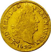 France Louis D'or Louis XIV 1694 K KM# 302.11 LVD XIIII D G FR ET NAV REX 1694 coin obverse France Louis D'or Louis XIV 1694 K KM# 302.11 LVD XIIII D G FR ET NAV REX 1694 coin obverse