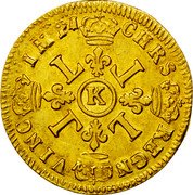 France Louis D'or Louis XIV 1694 K KM# 302.11 CHRS REGN VINC IMP K L L L L coin reverse France Louis D'or Louis XIV 1694 K KM# 302.11 CHRS REGN VINC IMP K L L L L coin reverse