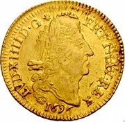 France Louis D'or Louis XIV 1695 G KM# 302.8 LVD XIIII D G FR ET NAV REX 1691 coin obverse France Louis D'or Louis XIV 1695 G KM# 302.8 LVD XIIII D G FR ET NAV REX 1691 coin obverse