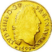 France Louis D'or Louis XIV 1697 N KM# 302.14 LVD XIIII D G FR ET NAV REX 1697 coin obverse France Louis D'or Louis XIV 1697 N KM# 302.14 LVD XIIII D G FR ET NAV REX 1697 coin obverse