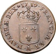 France Sol Louis XV 1719 A KM# 439.1 FRANCIÆ ET A NAVARRÆ REX 17 19 coin reverse France Sol Louis XV 1719 A KM# 439.1 FRANCIÆ ET A NAVARRÆ REX 17 19 coin reverse