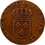 France Sol Louis XV 1719 BB KM# 439.4 FRANCIÆ ET BB NAVARRÆ REX 17 19 coin reverse France Sol Louis XV 1719 BB KM# 439.4 FRANCIÆ ET BB NAVARRÆ REX 17 19 coin reverse
