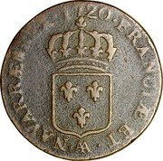 France Sol Louis XV 1720 AA KM# 439.2 FRANCIÆ ET AA NAVARRÆ REX 17 20 coin reverse France Sol Louis XV 1720 AA KM# 439.2 FRANCIÆ ET AA NAVARRÆ REX 17 20 coin reverse