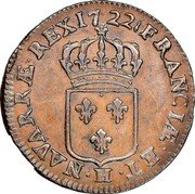 France Sol Louis XV 1722 H KM# 439.5 FRANCIÆ ET H NAVARRÆ REX 17 22 coin reverse France Sol Louis XV 1722 H KM# 439.5 FRANCIÆ ET H NAVARRÆ REX 17 22 coin reverse