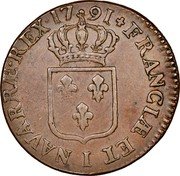France Sol Louis XVI 1791 I Mintage included in KM#585.7 KM# 578.7 FRANCIÆ ET I NAVARRÆ REX 17 91 coin reverse France Sol Louis XVI 1791 I Mintage included in KM#585.7 KM# 578.7 FRANCIÆ ET I NAVARRÆ REX 17 91 coin reverse