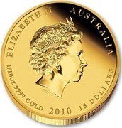 Australia 15 Dollars Year of the Tiger 2010 KM# 1321 ELIZABETH II AUSTRALIA 1/10 OZ 9999 GOLD 2010 15 DOLLARS IRB coin obverse Australia 15 Dollars Year of the Tiger 2010 KM# 1321 ELIZABETH II AUSTRALIA 1/10 OZ 9999 GOLD 2010 15 DOLLARS IRB coin obverse