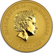 Australia 100 Dollars Australian Kangaroo 2010 KM# 1365 ELIZABETH II AUSTRALIA 100 DOLLARS IRB coin obverse Australia 100 Dollars Australian Kangaroo 2010 KM# 1365 ELIZABETH II AUSTRALIA 100 DOLLARS IRB coin obverse
