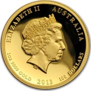 Australia 100 Dollars Year of the Snake 2013 KM# 2003 ELIZABETH II AUSTRALIA 1 OZ 9999 GOLD 2013 100 DOLLARS coin obverse Australia 100 Dollars Year of the Snake 2013 KM# 2003 ELIZABETH II AUSTRALIA 1 OZ 9999 GOLD 2013 100 DOLLARS coin obverse