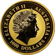 Australia 1000 Dollars Year of the Horse 2002 2002 P KM# 1337 ELIZABETH II AUSTRALIA 1000 DOLLARS IRB coin obverse Australia 1000 Dollars Year of the Horse 2002 2002 P KM# 1337 ELIZABETH II AUSTRALIA 1000 DOLLARS IRB coin obverse