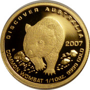Australia 15 Dollars Common wombat 2007 Proof KM# 969 DISCOVER AUSTRALIA COMMON WOMBAT 1/10OZ. 9999 GOLD 2007 P coin reverse Australia 15 Dollars Common wombat 2007 Proof KM# 969 DISCOVER AUSTRALIA COMMON WOMBAT 1/10OZ. 9999 GOLD 2007 P coin reverse