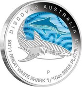 Australia 15 Dollars Discover Australia - Great White Shark 2011 KM# 1556 DISCOVER AUSTRALIA 2011 GREAT WHITE SHARK 1/10 OZ 9995 PLATINUM P DB coin reverse Australia 15 Dollars Discover Australia - Great White Shark 2011 KM# 1556 DISCOVER AUSTRALIA 2011 GREAT WHITE SHARK 1/10 OZ 9995 PLATINUM P DB coin reverse