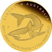 Australia 15 Dollars (Discover Australia - Great White Shark) KM# 1554 DISCOVER AUSTALIA 2011 GREAT WHITE SHARK 1/10 OZ 9999 GOLD P DB coin reverse Australia 15 Dollars (Discover Australia - Great White Shark) KM# 1554 DISCOVER AUSTALIA 2011 GREAT WHITE SHARK 1/10 OZ 9999 GOLD P DB coin reverse