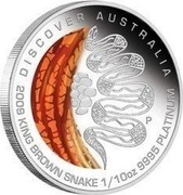 Australia 15 Dollars Discover Australia - King Brown Snake 2009 KM# 1234 DISCOVER AUSTRALIA 2009 KING BROWN SNAKE 1/10 OZ 9995 PLATINUM P DB coin reverse Australia 15 Dollars Discover Australia - King Brown Snake 2009 KM# 1234 DISCOVER AUSTRALIA 2009 KING BROWN SNAKE 1/10 OZ 9995 PLATINUM P DB coin reverse