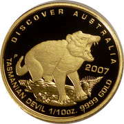 Australia 15 Dollars Discover Australia - Tasmanian Devil 2007 Proof KM# 972 DISCOVER AUSTRALIA TASMANIAN DEVIL 1/10OZ. 9999 GOLD 2007 P coin reverse Australia 15 Dollars Discover Australia - Tasmanian Devil 2007 Proof KM# 972 DISCOVER AUSTRALIA TASMANIAN DEVIL 1/10OZ. 9999 GOLD 2007 P coin reverse