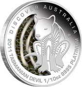 Australia 15 Dollars Discover Australia - Tasmanian Devil 2011 KM# 1544 DISCOVER AUSTRALIA 2011 TASMANIAN DEVIL 1/10 OZ 9995 PLATINUM P DB coin reverse Australia 15 Dollars Discover Australia - Tasmanian Devil 2011 KM# 1544 DISCOVER AUSTRALIA 2011 TASMANIAN DEVIL 1/10 OZ 9995 PLATINUM P DB coin reverse