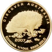Australia 15 Dollars Echidna 2007 Proof KM# 966 DISCOVER AUSTRALIA 2007 ECHIDNA 1/10OZ. 9999 GOLD coin reverse Australia 15 Dollars Echidna 2007 Proof KM# 966 DISCOVER AUSTRALIA 2007 ECHIDNA 1/10OZ. 9999 GOLD coin reverse