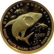Australia 15 Dollars Great white shark 2007 Proof KM# 975 DISCOVER AUSTRALIA 2007 GREAT WHITE SHARK 1/10OZ 9999 GOLD P RV coin reverse Australia 15 Dollars Great white shark 2007 Proof KM# 975 DISCOVER AUSTRALIA 2007 GREAT WHITE SHARK 1/10OZ 9999 GOLD P RV coin reverse