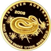 Australia 15 Dollars King brown snake 2008 P Proof KM# 1187 DISCOVER AUSTRALIA 2009 KING BROWN SNAKE 1/10OZ 9999 GOLD P DB coin reverse Australia 15 Dollars King brown snake 2008 P Proof KM# 1187 DISCOVER AUSTRALIA 2009 KING BROWN SNAKE 1/10OZ 9999 GOLD P DB coin reverse