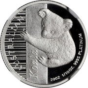 Australia 15 Dollars Koala up a gum tree 2002 Proof KM# 922 AUSTRALIAN KOALA 2002 1/10 OZ 9995 PLATINUM P coin reverse Australia 15 Dollars Koala up a gum tree 2002 Proof KM# 922 AUSTRALIAN KOALA 2002 1/10 OZ 9995 PLATINUM P coin reverse