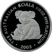Australia 15 Dollars Mother and baby koala 2003 Proof KM# 926 THE AUSTRALIAN KOALA 1/10 OZ. 9995 PLATINUM 2003 P coin reverse Australia 15 Dollars Mother and baby koala 2003 Proof KM# 926 THE AUSTRALIAN KOALA 1/10 OZ. 9995 PLATINUM 2003 P coin reverse