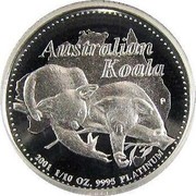 Australia 15 Dollars Two Koalas on Branch 2001 Proof KM# 917 AUSTRALIAN KOALA 2001 1/10 OZ. 9995 PLATINUM coin reverse Australia 15 Dollars Two Koalas on Branch 2001 Proof KM# 917 AUSTRALIAN KOALA 2001 1/10 OZ. 9995 PLATINUM coin reverse