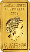 Australia 20 Dollars Kangaroo dreaming 2008 Proof KM# 1109 ELIZABETH II AUSTRALIA 2008 20 DOLLARS 5G 9999 GOLD coin obverse Australia 20 Dollars Kangaroo dreaming 2008 Proof KM# 1109 ELIZABETH II AUSTRALIA 2008 20 DOLLARS 5G 9999 GOLD coin obverse